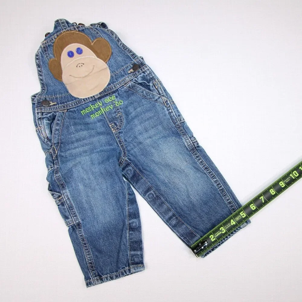 OshKosh B'Gosh Baby Boy Size 12 Months Monkey See Monkey Do Blue Denim Overalls
